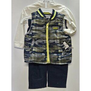 DKNY ‎ Size 12 M Set Of 3, Green- Blue Vest/ Blue Pants/ Cream Long Sleeve Print